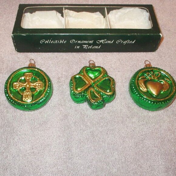 Vtg Blown Glass Chrismtas Ornaments Glitter Irish Celtic Cross Claddagh Shamrock - Picture 1 of 10